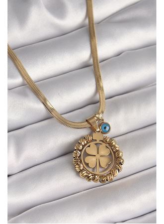 316L Çelik Gold Renk İtalyan Zincir Dorika Yonca Model Nazar Boncuk Detay Kadın Kolye