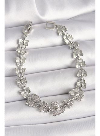 Pirinç Gümüş Renk Zirkon Taşlı Kelebek Model Zincir Kadın Bileklik