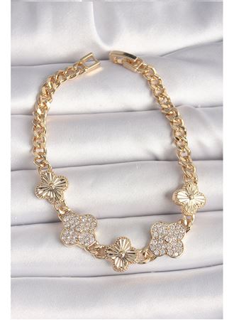 Pirinç Gold Renk Zirkon Taşlı Yonca Model Kadın Bileklik