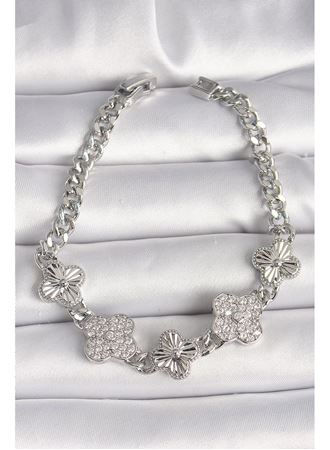 Pirinç Gümüş Renk Zincir Yonca Model Kadın Bileklik