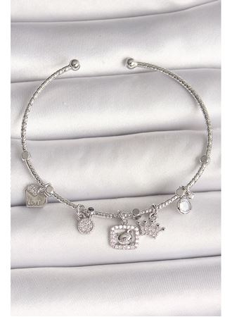 Pirinç Gümüş Renk Sallantı Zirkon Taşlı Ayıcık Figür Taç Detay Charm Kadın Bileklik