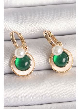 Pirinç Gold Renk Beyaz Yeşil Sallantı Mineli Kadın Küpe