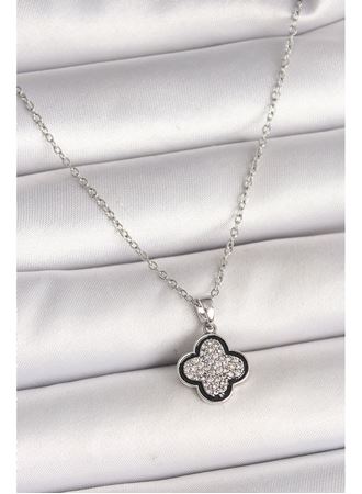 316L Çelik Gümüş Renk Zincir Zirkon Taşlı Yonca Model Kadın Kolye