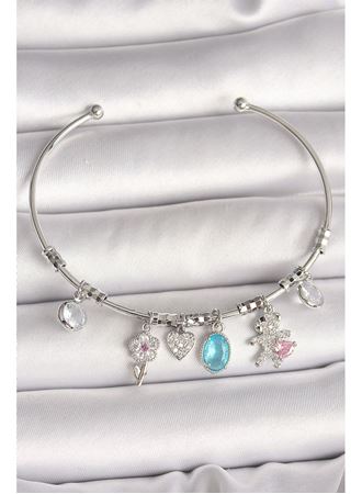 Pirinç Gümüş Renk Sallantı Zirkon Taşlı Ayıcık Figür Çiçek Detay Charm Kadın Bileklik