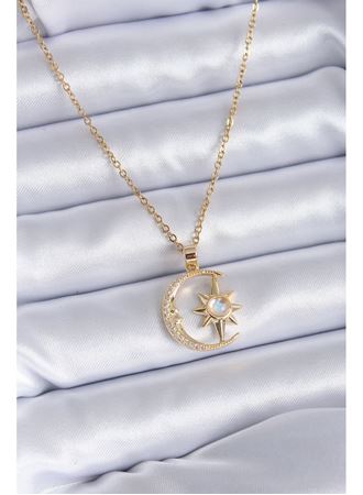 316L Çelik Gold Renk Zirkon Taşlı Ay Yıldız Model Kadın Kolye