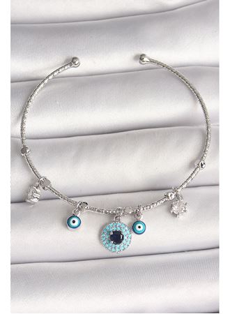 Pirinç Gümüş Renk Sallantı Zirkon Taşlı Nazar Boncuk Figür Charm Kadın Bileklik