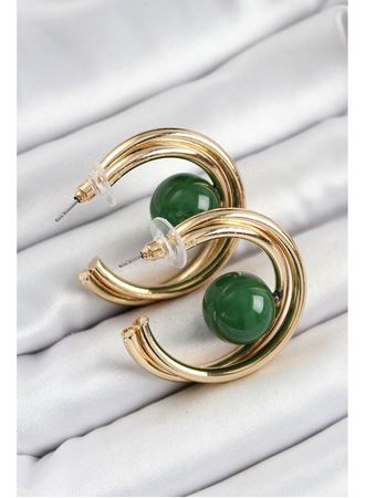 Pirinç Gold Renk Halka Model Yeşil Boncuk Detay Kadın Küpe