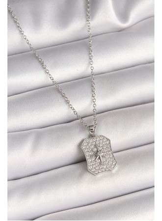 316L Çelik Gümüş Renk Zincir Zirkon Taşlı Kutup Yıldız İşlemeli Madalyon Model Kadın Kolye