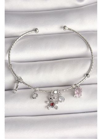 Pirinç Gümüş Renk Sallantı Zirkon Taşlı Ayıcık Figür Kırmızı Taş Detay Charm Kadın Bileklik