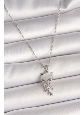 316L Çelik Gümüş Renk Zincir Zirkon Taşlı Kedi Model Kadın Kolye