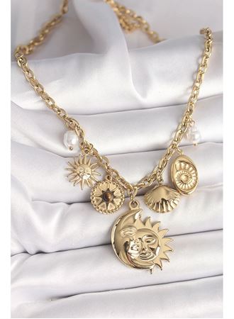 316L Çelik Gold Renk Ay Güneş Figür Deniz Kabuğu Detay Kadın Kolye