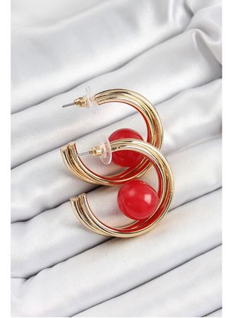 Pirinç Gold Renk Halka Model Kırmızı Boncuk Detay Kadın Küpe