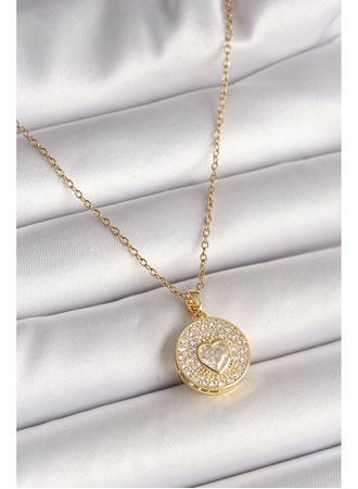 316L Çelik Gold Renk Zincir Madalyon Zirkon Taşlı Kalp Model Kadın Kolye