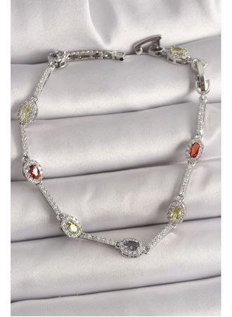 Pirinç Gümüş Renk Renkli Zirkon Taşlı Damla Taş Model Kadın Bileklik