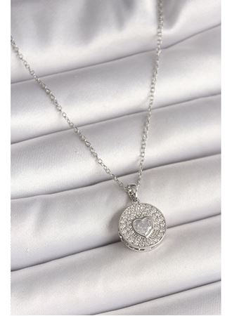 316L Çelik Gümüş Renk Zincir Zirkon Taşlı Kalp İşlemeli Madalyon Model Kadın Kolye