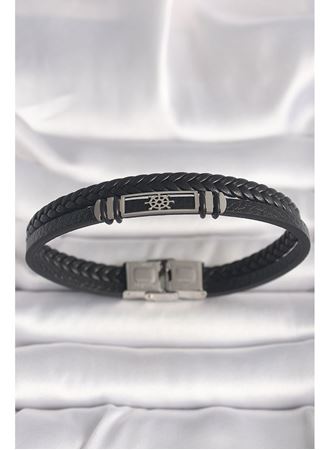 316L Çelik Gümüş Renk Gemi Dümeni Figür Siyah Burgu Deri Kordon Model Erkek Bileklik