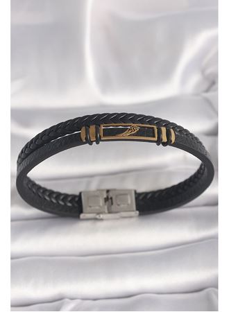 316L Çelik Gold Renk Kanat Aksesuarlı Siyah Burgu Model Deri Kordon Erkek Bileklik