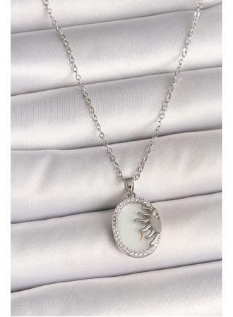 316L Çelik Gümüş Renk Zincir Beyaz Mineli Gün Batımı Model Zirkon Taş Detaylı Kadın Kolye