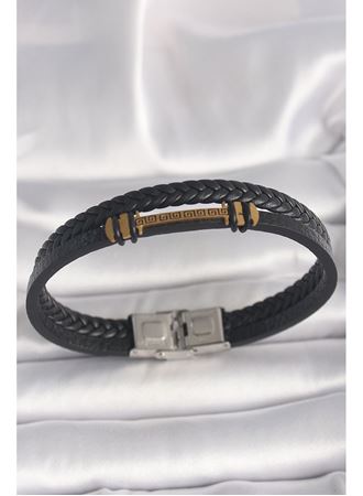 316L Çelik Gold Renk ZikZak İşlemeli Aksesuarlı Çift Sıra Burgu Desenli Deri Kordon Erkek Bileklik