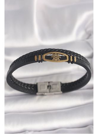 316L Çelik Gold Renk Gemi Dümen Figür Siyah Renk Çift Sıra Burgu Desenli Deri Kordon Erkek Bileklik