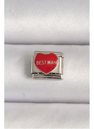316L Çelik Gümüş Renk 'Best Man' Yazılı Kırmızı Kalp İşlemeli Nomination Charm