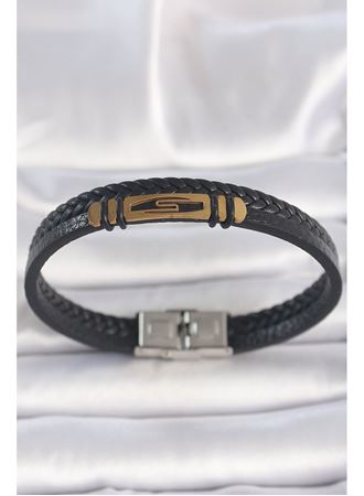 316L Çelik Gold Renk Aksesuarlı Çift Sıra Siyah Burgu Desenli Deri Kordon Erkek Bileklik
