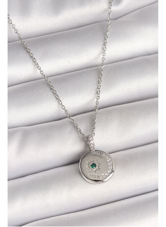 316L Çelik Gümüş Renk Zincir Madalyon Zirkon Taşlı İşlemeli Hilal Yıldız Model Kadın Kolye