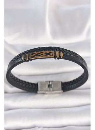 316L Çelik Gold Renk Aksesuarlı Çift Sıra Siyah Burgu Desenli Deri Kordon Erkek Bileklik