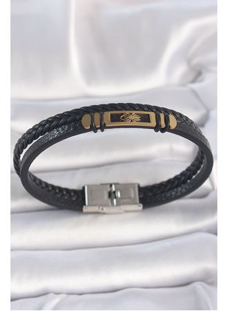 316L Çelik Gold Renk Örümcek Figür Çift Sıra Burgu Desenli Deri Kordon Erkek Bileklik