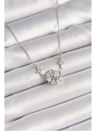 316L Çelik Gümüş Renk Zirkon Taşlı Hilal Kalp Model Kadın Kolye