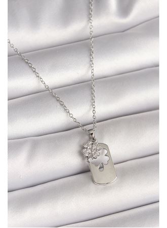 316L Çelik Gümüş Renk Zincir Zirkon Taşlı Yonca Model Kadın Kolye