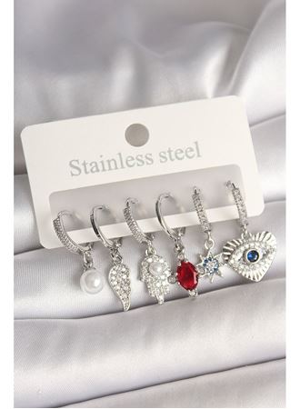 Pirinç Gümüş Renk Zirkon Taşlı Fatma Ana El Figür Kadın Küpe Seti