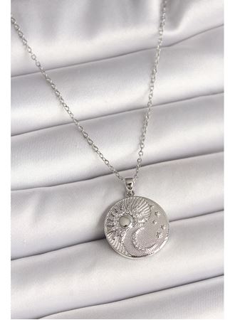 316L Çelik Gümüş Renk Zincir Zirkon Taşlı Ay Güneş İşlemeli Madalyon Model Kadın Kolye