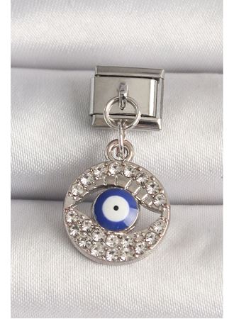 316L Çelik Gümüş Renk Zirkon Taşlı Göz Model Nazar Boncuk Detay Nomination Charm