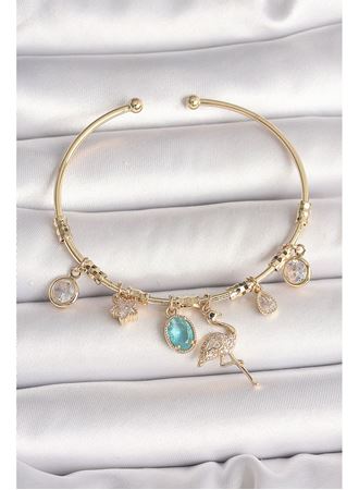 Pirinç Gold Renk Zirkon Taşlı Sallantı Filamingo Figür Charm Kadın Bileklik