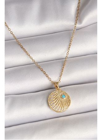 316L Çelik Gold Renk Zincir Zirkon Taş İşlemeli Mavi Taş Detaylı Madalyon Model Kadın Kolye
