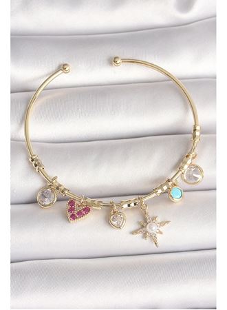 Pirinç Gold Renk Zirkon Taşlı Sallantı Kutup Yıldız Figür İnci Detay Charm Kadın Bileklik