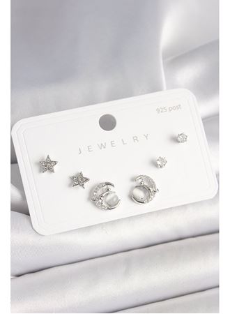 925 Ayar Gümüş Çivi Zirkon Taşlı Hilal Yıldız Model Kadın Küpe Seti