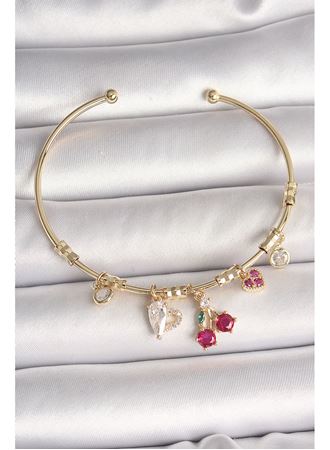 Pirinç Gold Renk Sallantı Kırmızı Zirkon Taşlı Kiraz Figür Charm Kadın Bileklik