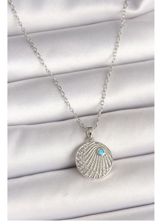 316L Çelik Gümüş Renk Zincir Zirkon Taşlı Mavi Taş Detaylı Madalyon Model Kadın Kolye