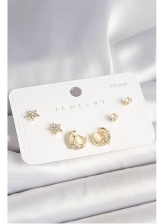 925 Ayar Gümüş Çivi Zirkon Taşlı Hilal Yıldız Model Kadın Küpe Seti