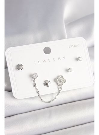 925 Ayar Gümüş Çivi Pirinç Gümüş Renk Zirkon Taşlı Yonca Model Sallantı Zincir Detay Kadın Küpe Seti