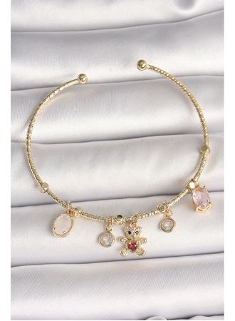 Pirinç Gold Renk Sallantı Zirkon Taşlı Ayıcık Figür Kırmızı Kalp Detay Charm Kadın Bileklik