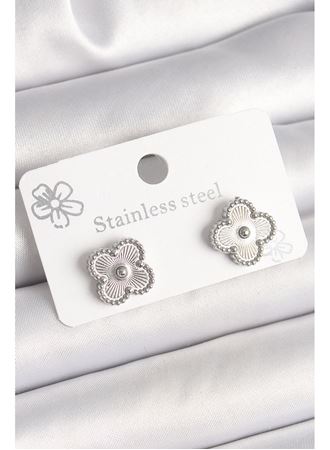 Pirinç Gümüş Renk İşlemeli Yonca Model Kadın Küpe