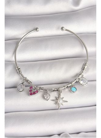Pirinç Gümüş Renk Sallantı Zirkon Taşlı Kutup Yıldız Figür Kalp Detay Charm Kadın Bileklik
