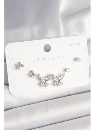 925 Ayar Gümüş Çivi Pirinç Zirkon Taşlı Kelebek Model Kadın Küpe Seti