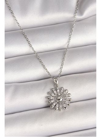 316L Çelik Gümüş Renk Zincir Zirkon Taşlı Güneş Model Kadın Kolye