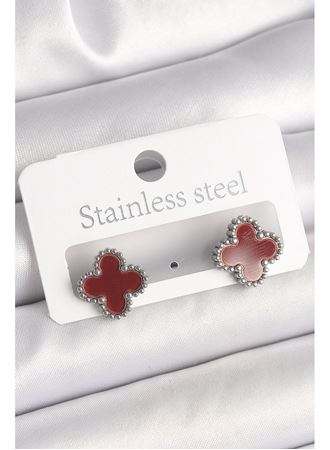 Pirinç Gümüş Renk Bordo Yonca Model Kadın Küpe