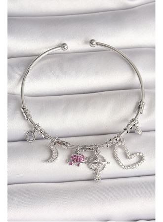 Pirinç Gümüş Renk Sallantı Zirkon Taşlı Gezegen Figür Kalp Detay Charm Kadın Bileklik