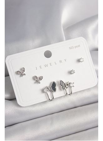 925 Ayar Gümüş Çivi Pirinç Gümüş Renk Zirkon Taşlı Kelebek Model Kadın Küpe Seti